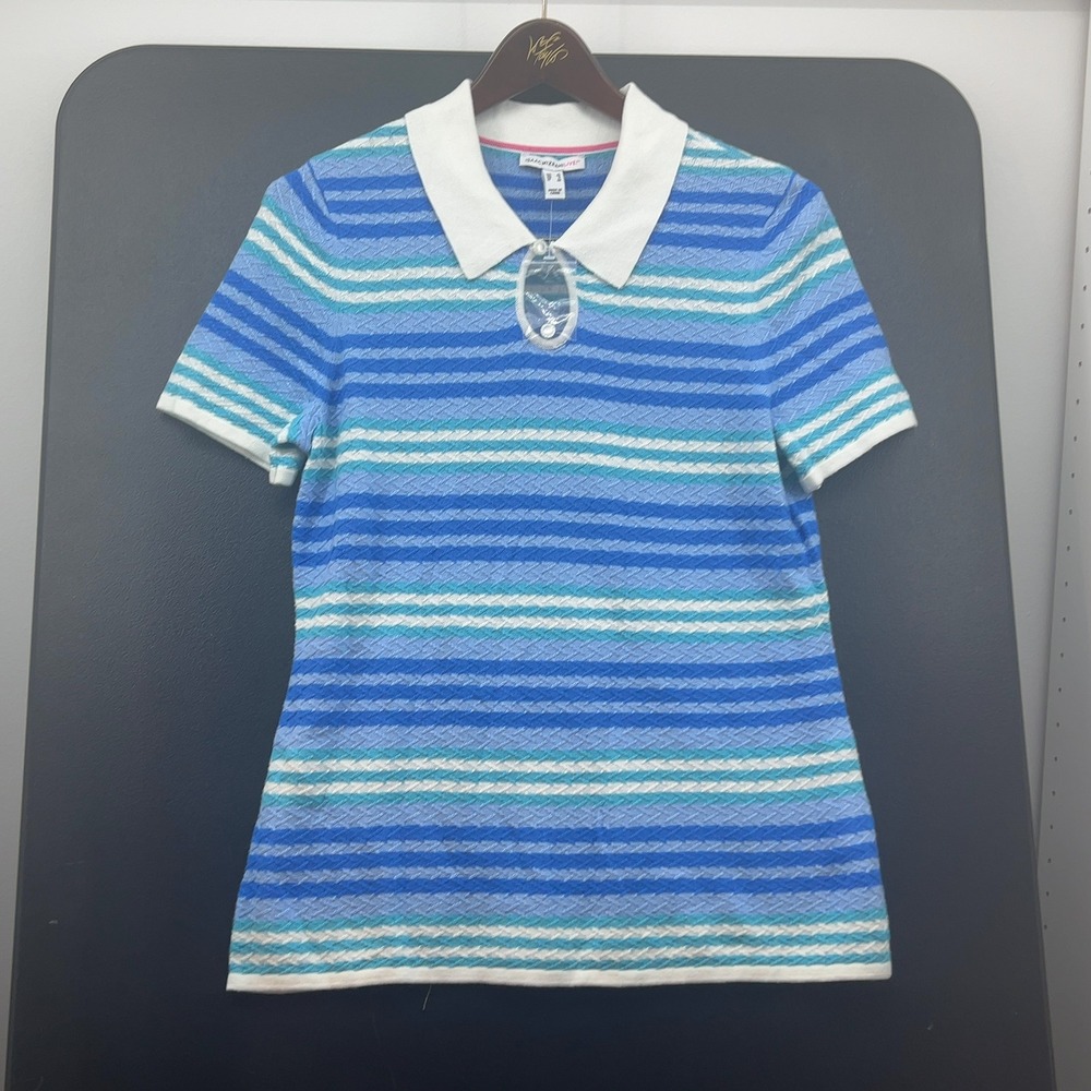Isaac Mizrahi LIVE Women Small Blue Striped Polo Shirt Keyhole Neck A591649